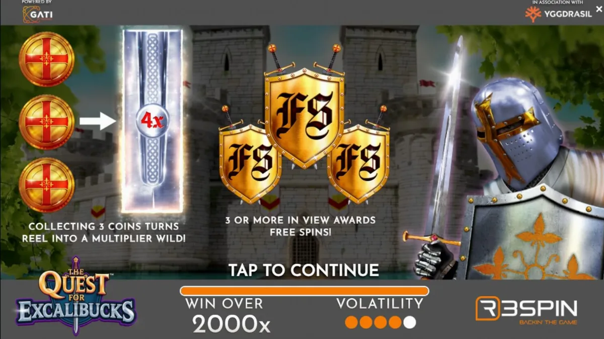 Pemandangan gerbang kastil abad pertengahan dalam slot The Quest for Excalibucks