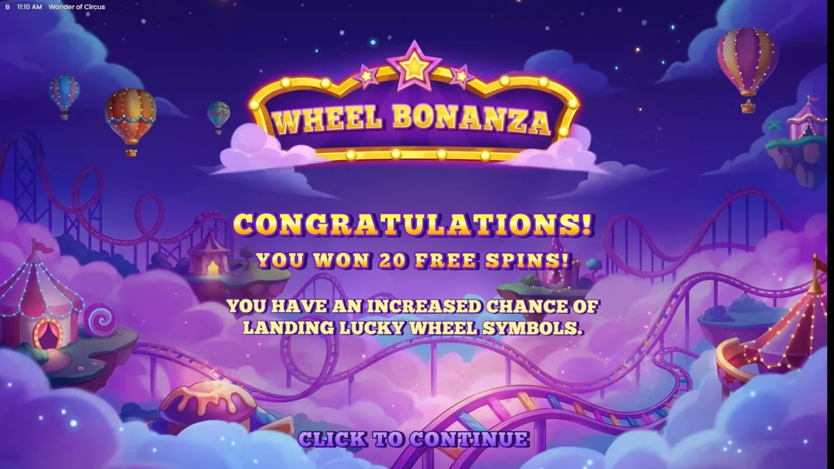 Tampilan visual slot Wonder of Circus dengan tema karnaval neon dan simbol Lucky Wheel.