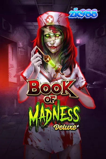 Tampilan visual slot Book of Madness Deluxe dengan tema horor rumah sakit jiwa